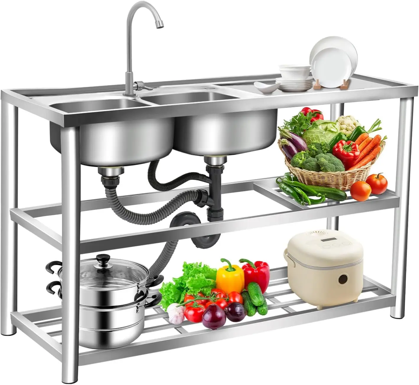 Commercial Kitchen Sink - 3단 독립형 스테인리스 싱크대, 이중 볼